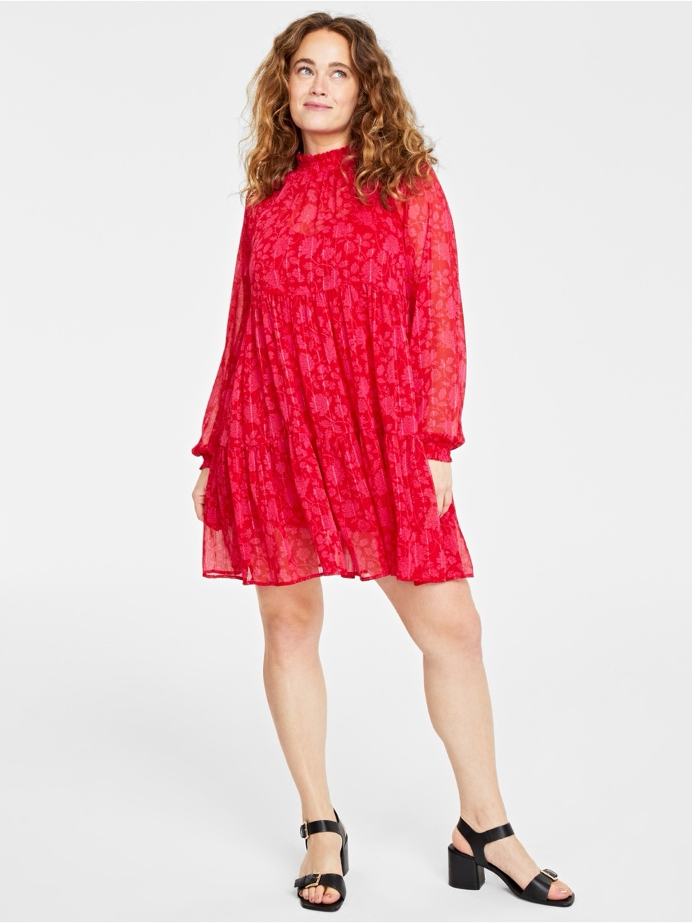 On 34th Red-Pink Ruffled High-Neck Red Floral Mini Dress